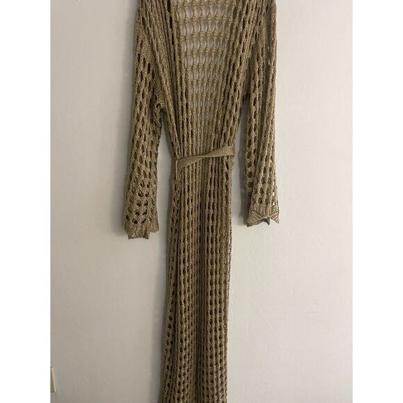 J Lux Label Cardigan Sweater L Khaki Taupe Crochet Knit Belt Long Duster Cover - Picture 8 of 8